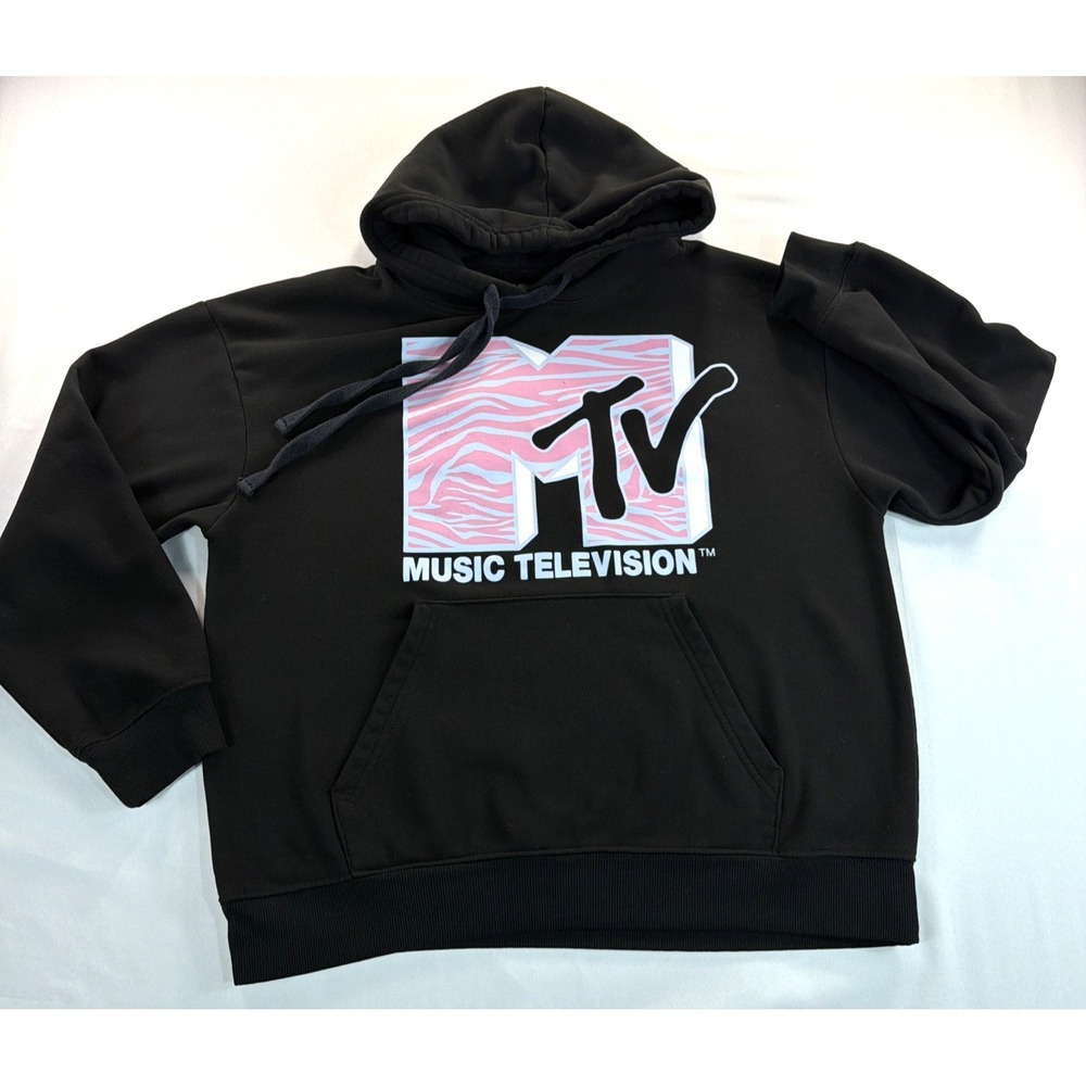 MTV Hoodie WomenXL Black Graphic Logo Music Television Pullover Streetwear Retro
